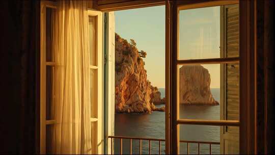 窗边眺望海景与山崖风光