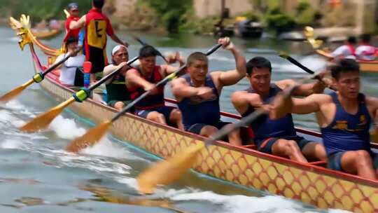 龙舟选手奋力划船比赛画面