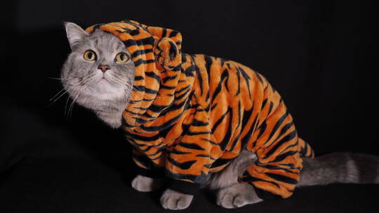 穿着老虎条纹衣服的小猫