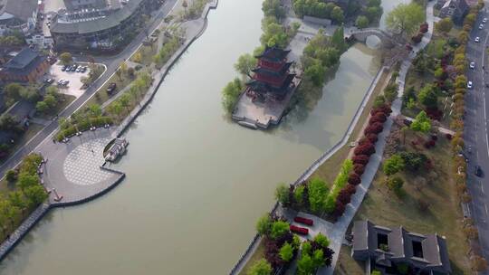 4k 航拍江苏淮安中洲岛中式园林城市景观