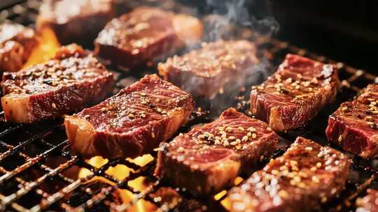 烤架上烤制的牛肉牛排