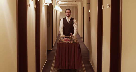 优雅的客房服务服务员在酒店大厅滚动推车