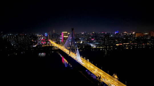 航拍哈尔滨市松浦大桥夜景延时