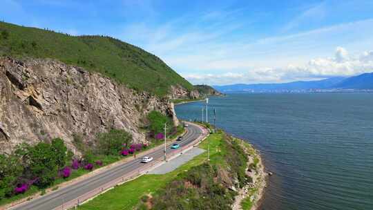 云南大理洱海环海公路航拍空境洱海沿海公路