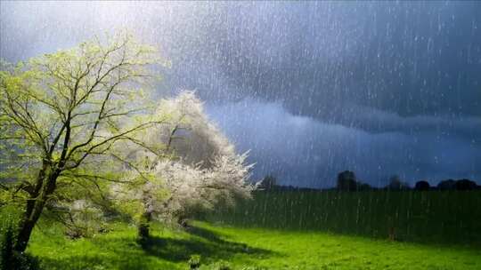 雨中草地与开花树木景观