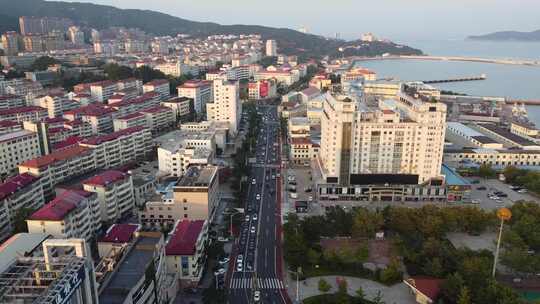 航拍山东威海沿海城市日出日落场景