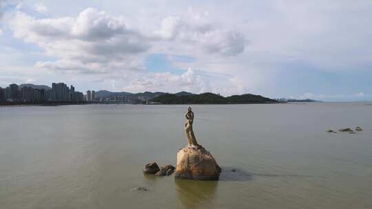 航拍珠海市的象征地标珠海渔女海景