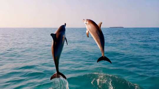 海面跃起的两只海豚