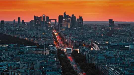 航拍法国巴黎市中心汽车夜景灯光摩天大楼