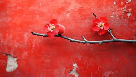 红墙前绽放的梅花