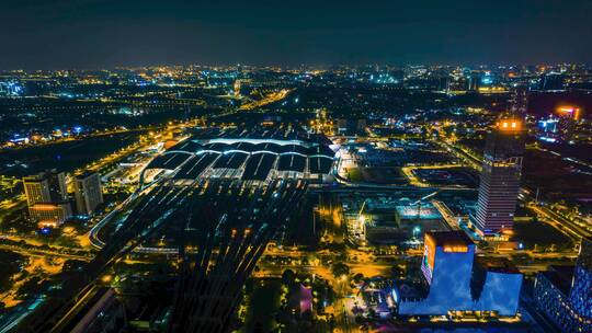 8K航拍广州南站城市夜景天际线延时视频