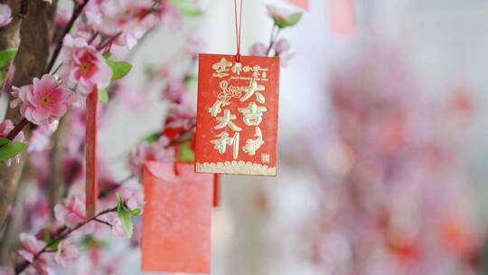 梅花树上悬挂的新年祝福