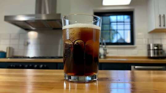 厨房台面上的一杯饮料