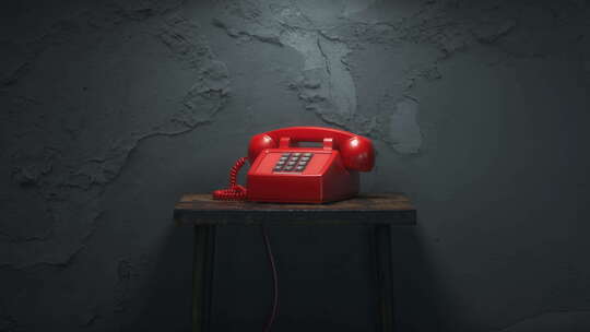 红色复古老式电话在一栋废弃建筑的脏桌子上
