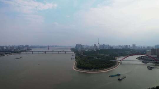 航拍武汉城市长江与汉江两江交汇处南岸嘴
