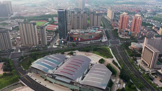 义乌江东地标吾悦广场城市风光航拍