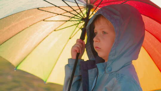 降雨持续时，男孩拿着雨伞
