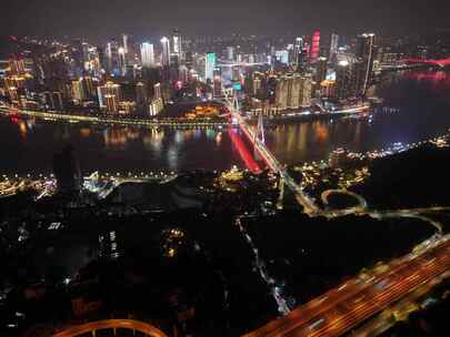 重庆市南岸区东水门长江大桥航拍延时夜景车