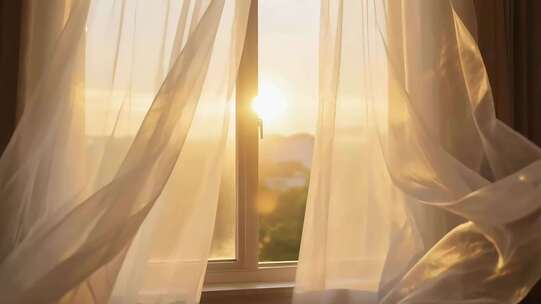 窗边飘动的白色窗帘与阳光