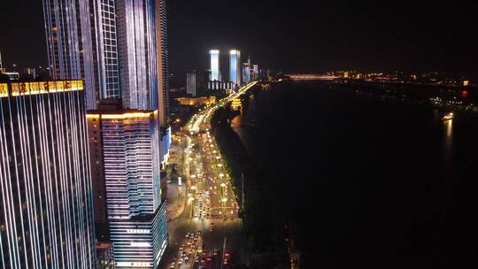 航拍湖南长沙湘江路夜景交通长沙夜景视频素材模板下载