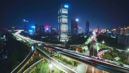 航拍夜晚杭州滨江时代大道高架中兴立交夜景