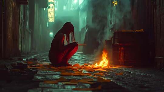 夜晚小巷中蹲坐的女人与火焰