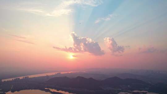 杭州湘湖黄昏日落风景航拍