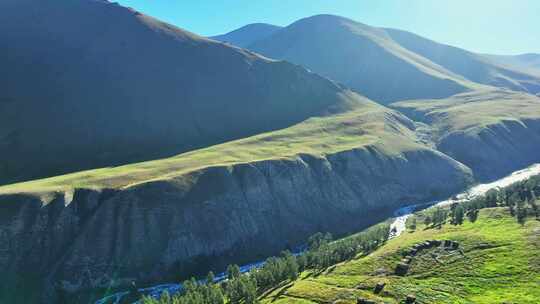 航拍新疆东天山原始森林高山草原风光