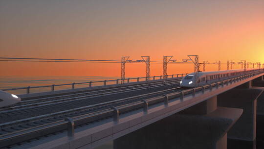 夕阳日落时分快速驶过复兴号高铁和谐号动车