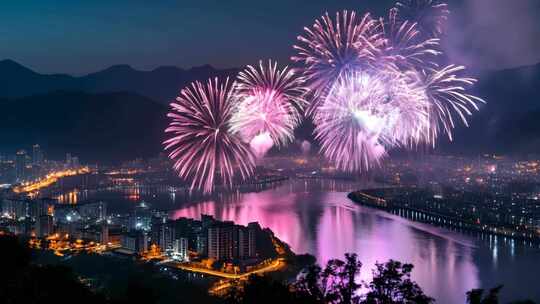 城市湖畔烟花与远山夜景