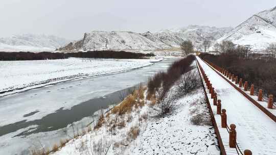 冬季雪景雪山水坝河道树木