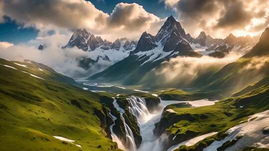 壮美雪山下的山间瀑布风光