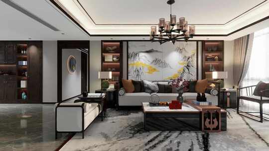 高端样板房室内客厅新中式设计