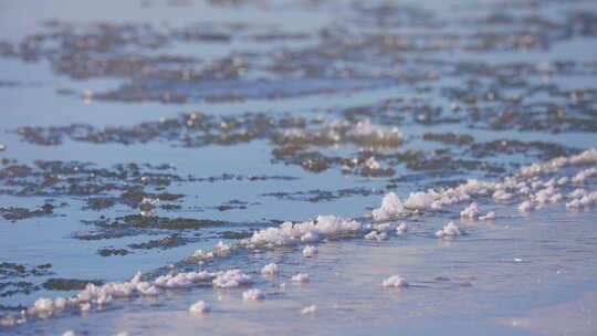 冬季河流水面上漂浮着的白色冰块