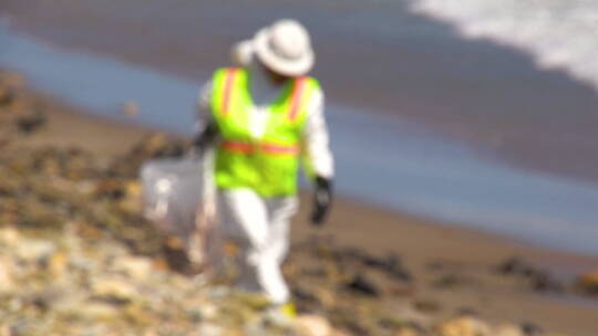 工人在捡海洋垃圾视频素材模板下载