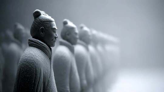 雪中肃立的秦始皇兵马俑静默无声