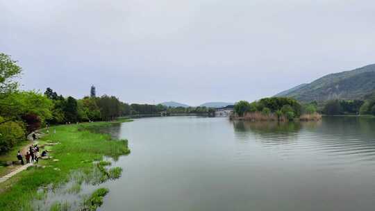 航拍春雨迷蒙下的江苏无锡蠡湖国家湿地公园