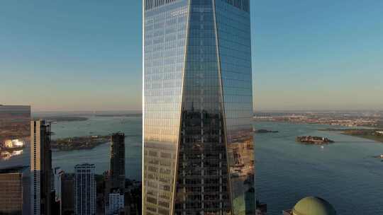 城市航拍纽约曼哈顿翠贝卡摩天大楼大海日出