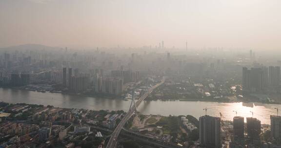 广州鹤洞大桥和城市天际线日出延时航拍4k