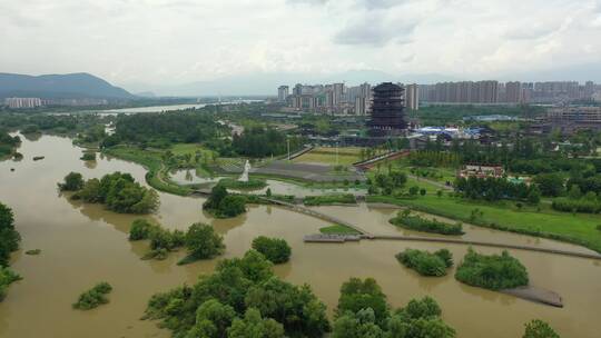 陕西汉中市汉江城市公园天际线风光航拍