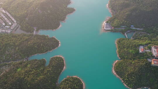 珠海金台寺佛教寺庙夕阳水库航拍