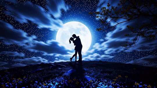 月下情侣浪漫接吻场景