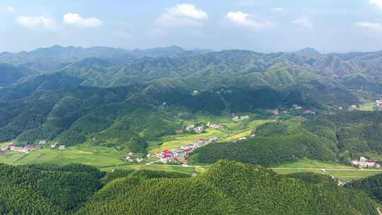 蓝天白云航拍延时丘陵地带美丽乡村竹海水稻