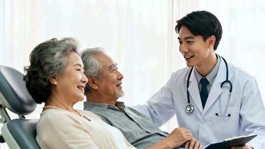 医生与老年夫妇亲切交谈医疗温馨场景