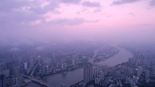 广州城市天空夕阳晚霞云雾缭绕航拍风光