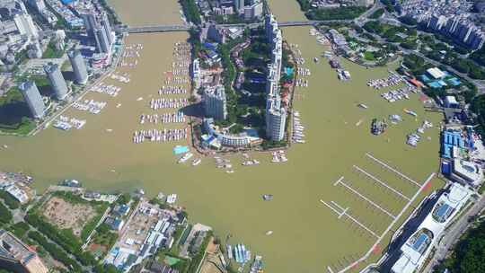 海南三亚游艇基地三亚河高视角航拍城市风光