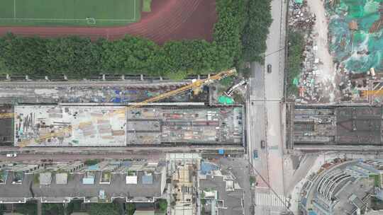 航拍重庆轨道六号线长生老街地铁站工地建设