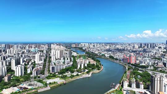 航拍海南海口海甸河滨江城市风光