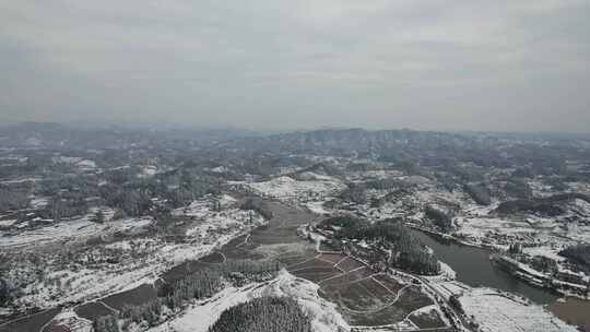 农业梯田水田冬天雪景