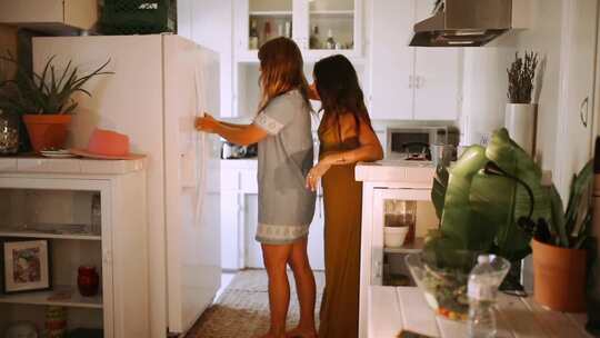 两个女人从冰箱里拿东西